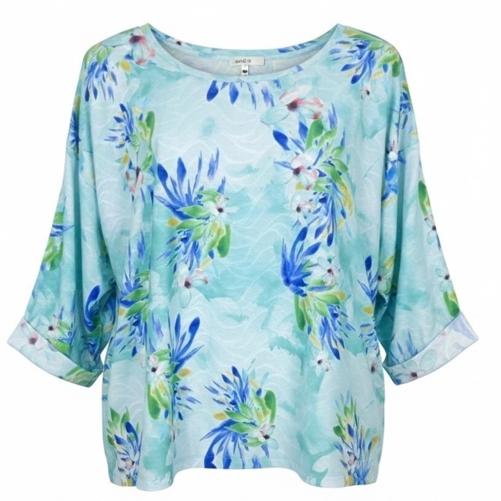 NEW Leo & Nicole Womens 2X Aqua Blue Floral Watercolor 3/4 Sleeve Blouse Tunic